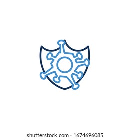 Icon virus thin line blue color Shield icon quarantine. Shield symbol vector sign. Corona virus , illustrator vector graphic design on white background