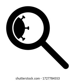 icon, virus under a magnifying glass. Prevention of the spread of the disease. The fight against harmful bacteria. Isolated vector on white background