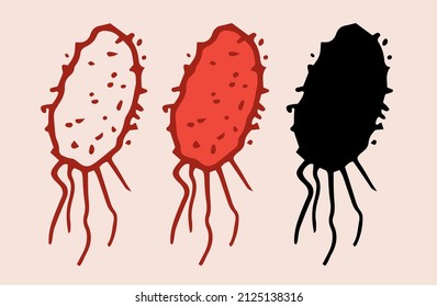the icon of viruses and bacteria is red with tentacles at the end. a hand-drawn oval-shaped microbe with a texture of strokes and dots in an isolated red outline black silhouette for a medical design 