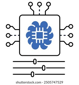 Ein Icon, das die Verarbeitung von KI mit einer Platine und Schiebereglern darstellt und maschinelles Lernen, Datenabstimmung und KI-gesteuerte Analytik symbolisiert.