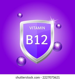 Icon Vitamin B12 shield purple atom circle bubbles surround. Natural extracts. Drug business. Protect body stay healthy. Medical scientific concept. For nutrition product food. Vector illustration 3D