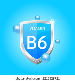 Icon Vitamin B6 shield blue atom circle bubbles surround. Protect body stay healthy. Medical scientific concept. For nutrition product food. Vector illustration 3D. Natural extracts. Drug business