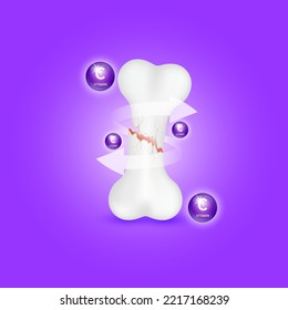 Icon vitamin C structure circle ball purple  help strengthen bone not to be broken or decay on purple background. Skeleton x ray scan concept. Healthy knee bone.Medical or healthcare. 3D Realistic.