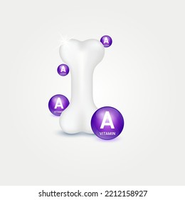 Icon vitamin A circle ball purple on white background. Help strengthen bone. Healthy knee bone human bone anatomy. Skeleton x ray scan concept therapy. Medical or healthcare. Realistic 3d Vector.