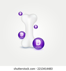 Icon vitamin D circle ball purple on white background. Help strengthen bone. Healthy knee bone human bone anatomy. Skeleton x ray scan concept therapy. Medical or healthcare. Realistic 3d Vector.