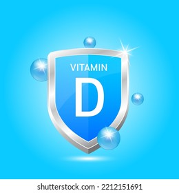 Icono Vitamina D escudo burbujas de círculo atómico azul alrededor. Proteger el cuerpo para mantenerse sano. Concepto científico médico. Para alimentos nutritivos. Ilustración vectorial 3D. Extractos naturales. Comercio de drogas