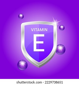 Icon Vitamin E shield purple atom circle bubbles surround. Natural extracts. Drug business. Protect body stay healthy. Medical scientific concept. For nutrition product food. Vector illustration 3D