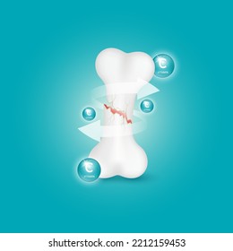 Icon vitamin structure C circle ball green help strengthen bone not to be broken or decay on green background. Skeleton x ray scan concept. Healthy knee bone.Medical or healthcare. 3D Realistic Vector