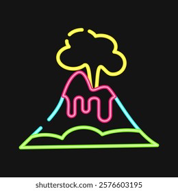 Icon volcano eruption. Global warming elements. Icon in neon style.