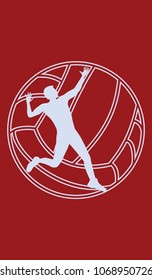 Icon - Volleyball player, man, ball - isolated - white silhouette on dark red background - art vector