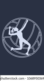Icon - Volleyball player, woman, ball - isolated - white silhouette on dark blue background - art vector