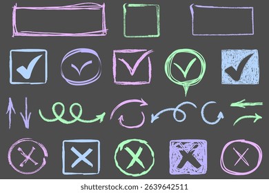 Icon of vote sign checkmark correct cross box pencil brush doodle paint chalk square business symbol v x tick crayon png background illustration sketch ok texture isolated

