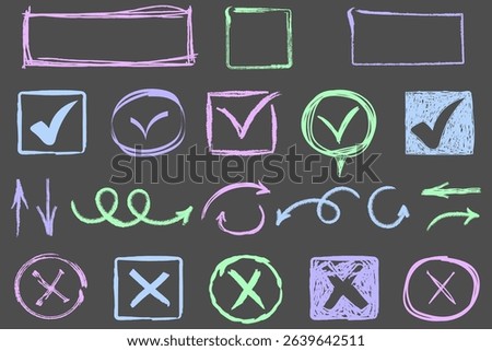 Icon of vote sign checkmark correct cross box pencil brush doodle paint chalk square business symbol v x tick crayon png background illustration sketch ok texture isolated

