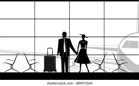 Icon of waiting area sign with row of empty chairs man and women