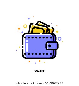 Icon of wallet with banknotes for shopping and retail concept. Flat filled outline style. Pixel perfect 64x64. Editable stroke