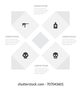 Icon War Set Of Gun, Skull, Substance And Other Vector Objects. Also Includes Creepy, Cranium, Gun Elements.