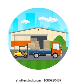 Icon of Warehouse on the Background of the City, Transport Services , Forklift Loads or Unloads Boxes from a Truck, Vector Illustration