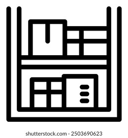 Icon of a warehouse storage system organizing goods on shelves, representing efficient inventory management