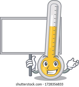 Eine Ikone warmen Thermometer Maskottdesign Stil bringen eine Tafel