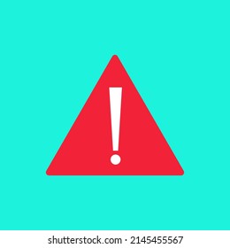 Icon of warning and risk. Attention danger, beware. Alert sign. Red triangle and exclamation mark. Flat vector icon isolated on blue background.