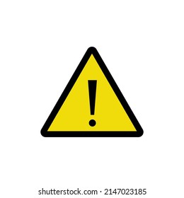 Icon of warning and risk. Attention danger, beware. Alert sign. Yellow triangle and exclamation mark. Flat vector icon isolated on white background.