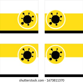 icon WARNING VIRUS on yellow white and black frame, decrease the negative social and economic impacts, icon coronavirus disease 2019, The spikes on the outer edge.