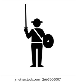 Icono de un guerrero con espada y escudo de pie listo para la batalla
