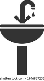 Icon of a washbasin with running water. Black silhouette. Vector illustration isolated on a white background.