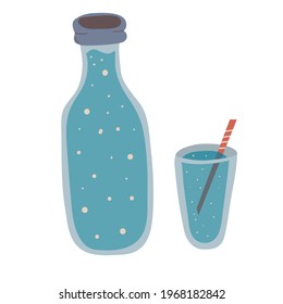 Icon of a water bottle and a glass of water. For magazines, books, posters, postcards, cover menus, web pages. Isolated on a white background. Vector illustration in a cartoon .
