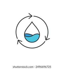 Icon of water conservation. Symbol of sustainable practice of using water efficiently to protect natural resources. Illustration blue drop of water with the shape of ocean in recycle arrow circle.
