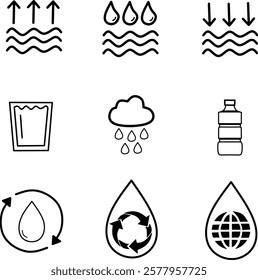 Icon of water design. Editable stroke with various design shapes, with a hand drawn black outline style. Evaporation, drop, settles, drink, cloud rain, mineral water, sustainable, water cycle, world