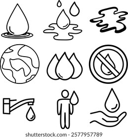 Icon of water design. Editable stroke with various design shapes, with a hand drawn black outline style. Water drop, puddle, world, donation, humanity, tap, sing