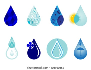 icon water drop. Set of icons of blue color, drop of water of different shades of blue coloring and patterns