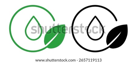 Icon water drop within a circular frame with a green leaf, symbolizing water conservation clean water and the importance of hydration for environmental health liquid oil drop