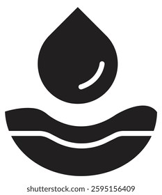 : Icon of a water droplet over layered soil, representing water management or irrigation with transparent background.