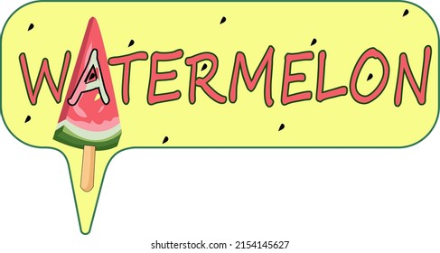 Icon watermelon, logo, vacation or holidays on summer time. Pink fonts with berry, ice and nucleus, pip illustration.