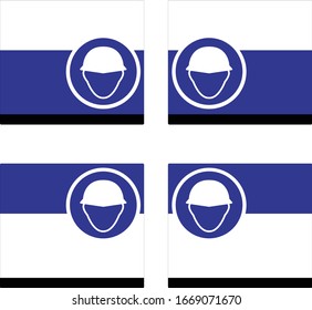 icono LLEVAR PEORTECCIÓN DE CABEZA sobre marco azul blanco y negro, icono sin luz desnuda en posición derecha o izquierda, Debe hacer en el área de construcción.