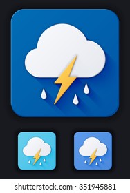 Icon weather  cloud, rain with lightning on a blue background. Three variants of a background of bright: blue, light blue and dark blue