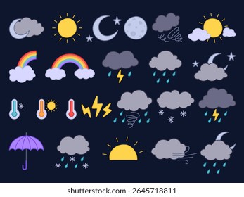 Tempo ícone. Ícones isolados de desenhos animados de previsão, sinais climáticos, elementos meteorológicos. Tempestade, nuvens com chuva, sol, arco-íris e adesivos de trovoada. Dados climáticos atmosféricos. Design de conjunto vetorial