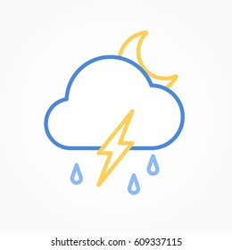 Icon weather moon, cloud, rain with lightning on a white background