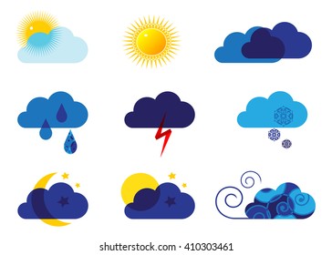 icon weather. Set of icons weather, blue clouds, sun, drops and snowflakes