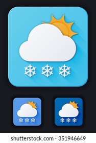 Icon weather sun and cloud with snow on a blue background. Three variants of a background of bright: blue, light blue and dark blue