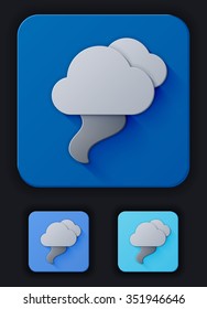 Icon weather tornado and clouds on a blue background. Three variants of a background of bright: blue, light blue and dark blue
