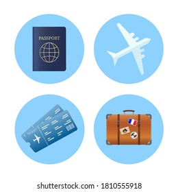 Icon for web design. Airplane trip, travel, journey. Flat illustration with travel icons.
