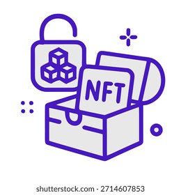 Icono "Web 3 - Propiedad digital" - Un candado con un logotipo de cadena de bloques que abre un cofre del tesoro que contiene un NFT (forma abstracta).