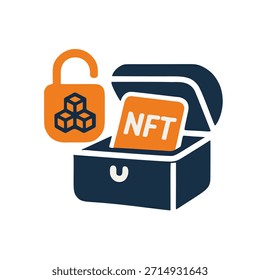 Icono "Web 3 - Propiedad digital" - Un candado con un logotipo de cadena de bloques que abre un cofre del tesoro que contiene un NFT (forma abstracta).