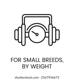 An icon of a weighing scale with a barbell design in vector, symbolizing weight based dosage for small breeds, with an editable stroke.