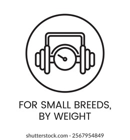 An icon of a weighing scale with a barbell enclosed in a circle in vector, representing weight based products for small breeds, with an editable stroke