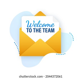 Icon with welcome team for banner design. Business communication vector banner. Cartoon font.