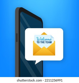 Icon with welcome team for banner design. Business communication vector banner. Cartoon font.
